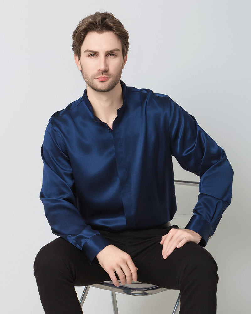 DaisySilk Mens Silk Shirt Long Sleeve Band Collar in Black or Navy DAISYSILK FAC DaisySilk Mens Silk Shirt Long Sleeve Band Collar in Black or Navy DAISYSILK FAC
