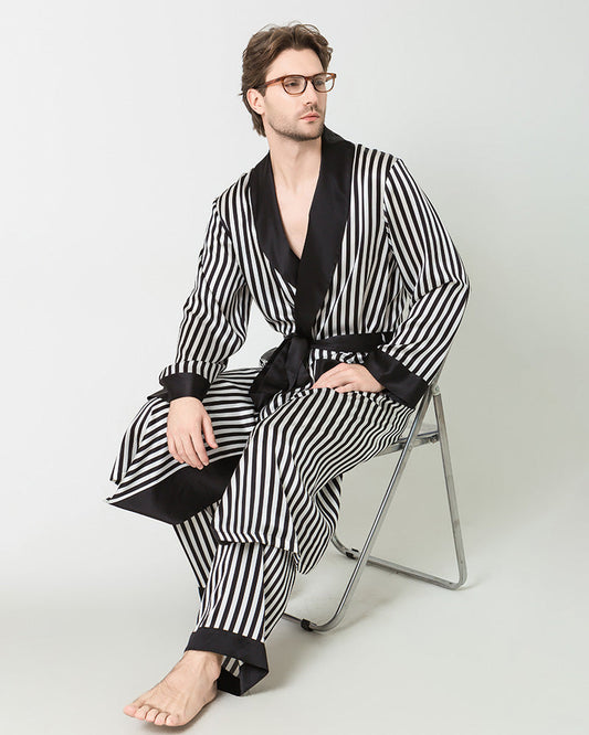 Silk Men's Striped Long Robe and Pant Set