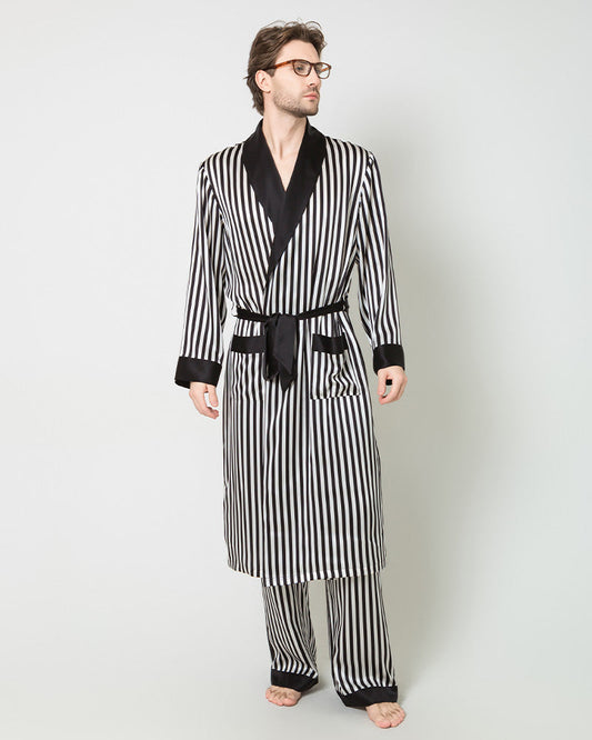 Silk Men's Striped Long Robe and Pant Set