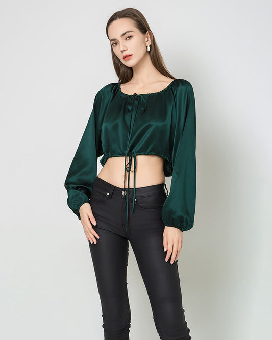 Lantern Sleeve Crop Top Silk Blouse