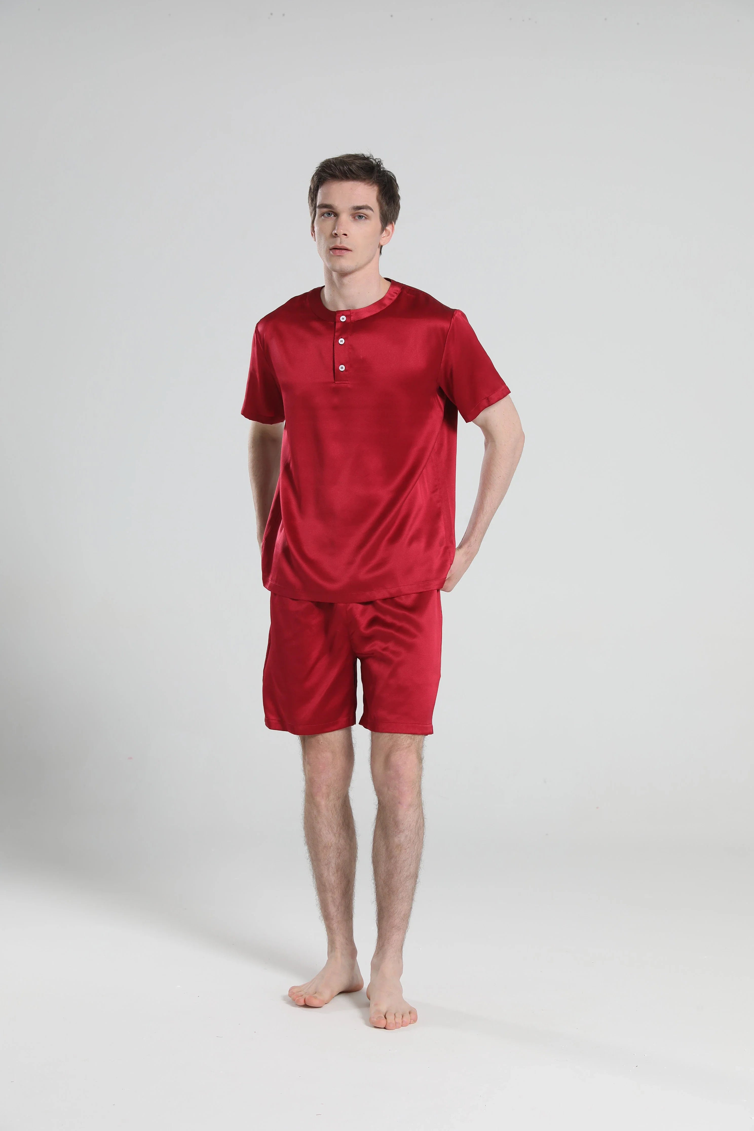 Simple Crew Neck Short Pajamas Set for men, Burgundy