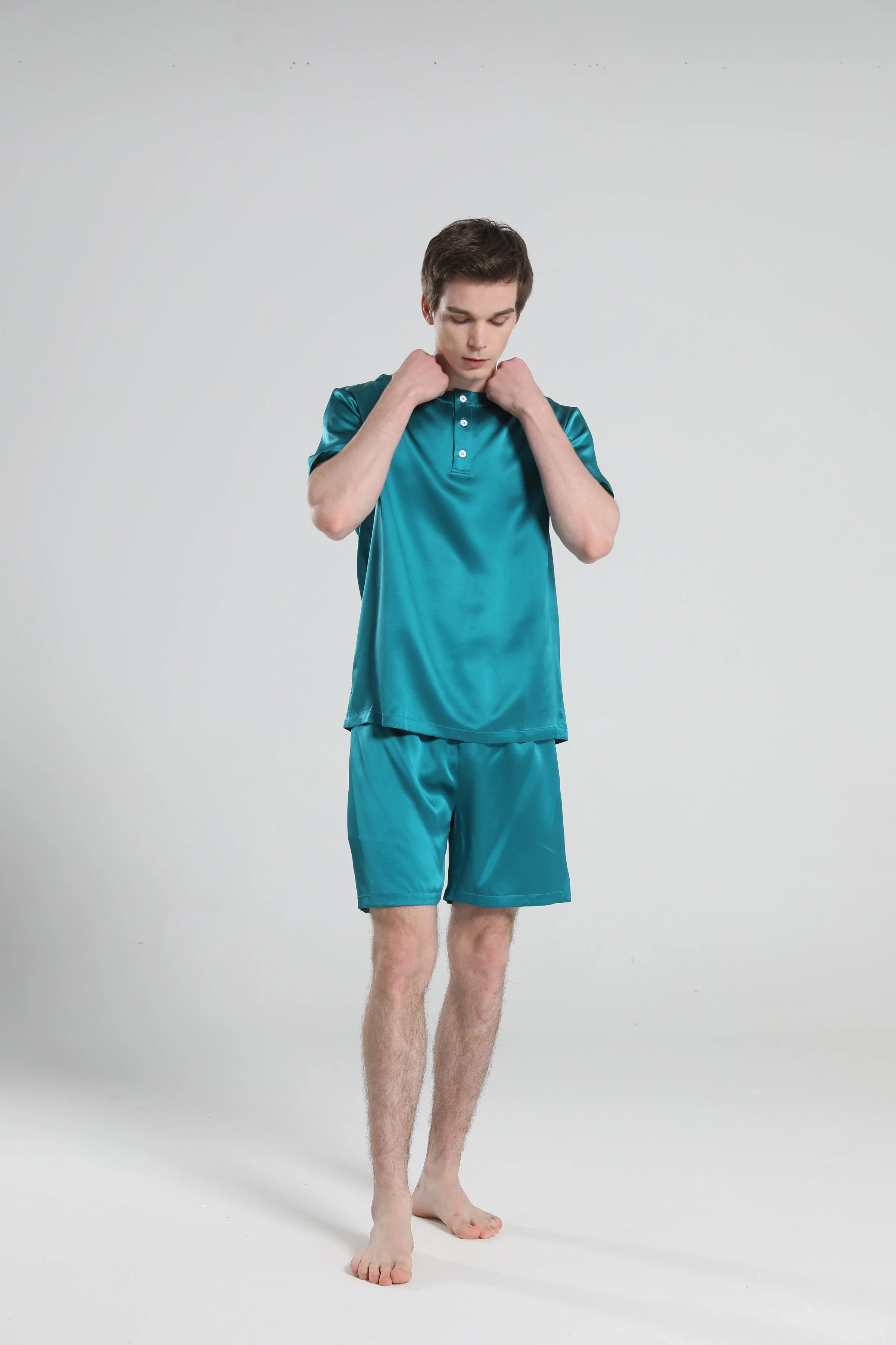 Simple Crew Neck Short Pajamas Set for men, Peacock Blue
