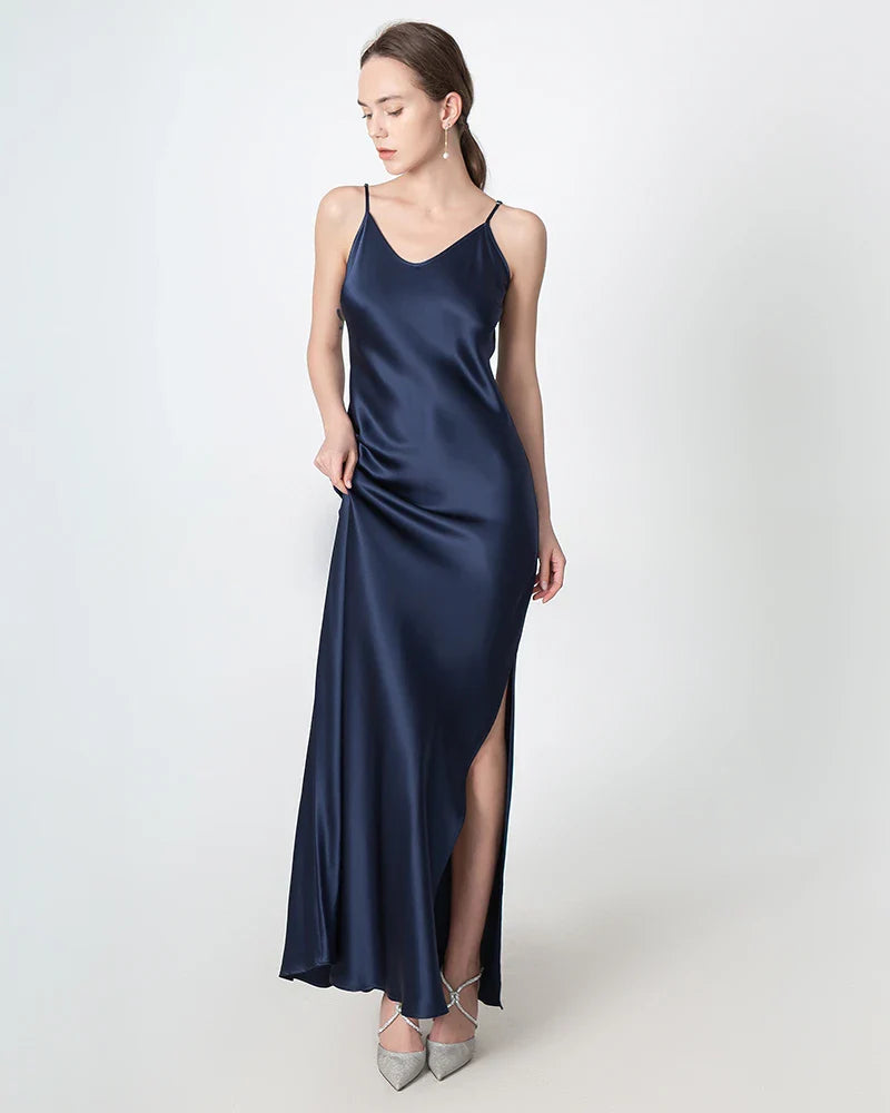 Slit V-neck Maxi Silk Dress