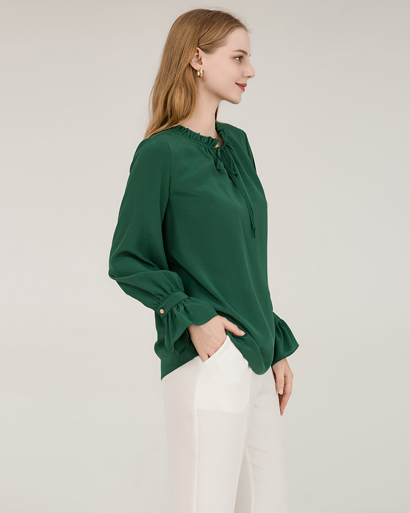 Ruffle Tie Neck Silk Blouse