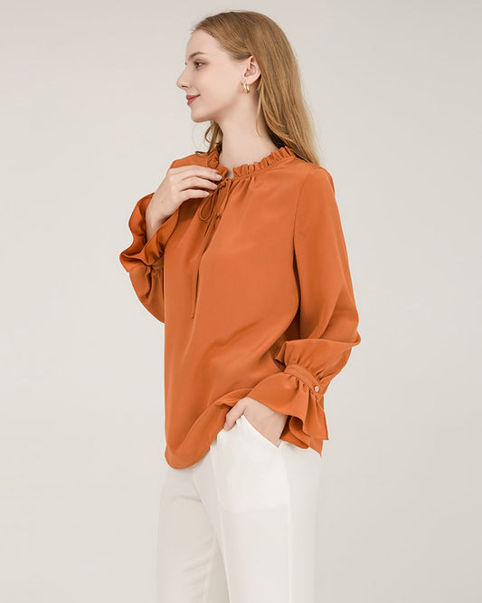 Ruffle Tie Neck Silk Blouse
