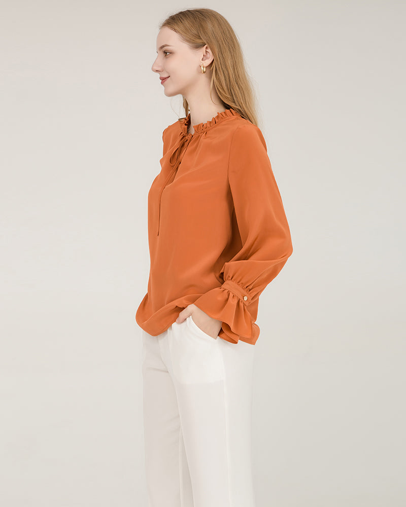 Ruffle Tie Neck Silk Blouse
