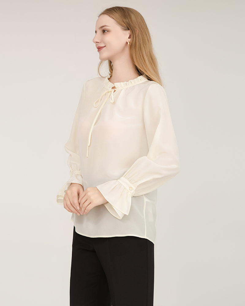 Ruffle Tie Neck Silk Blouse