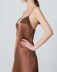 V Neck Backless Wrap Maxi Silk Dress, Brown