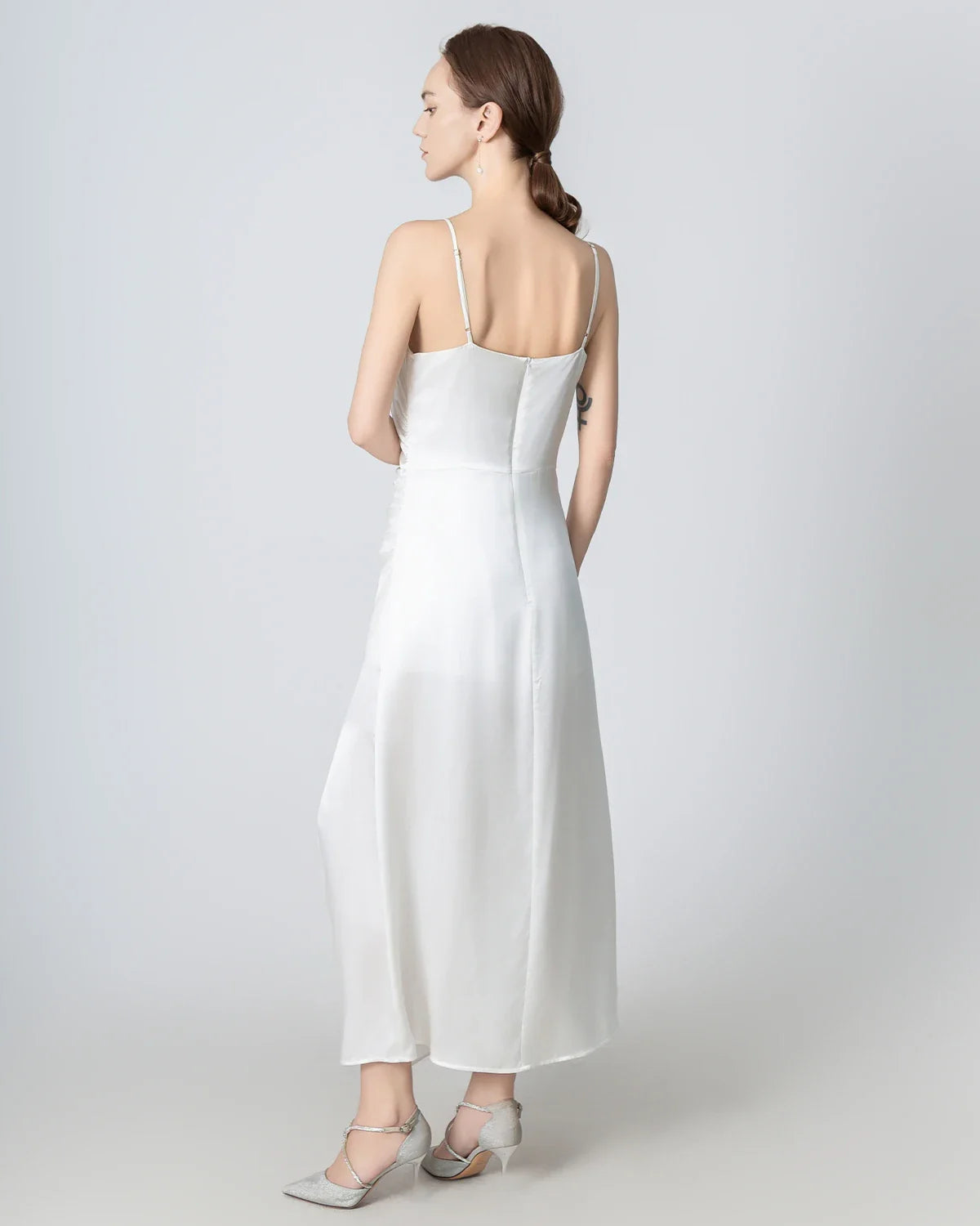 V-neck Pleated Slit Maxi Silk Dress