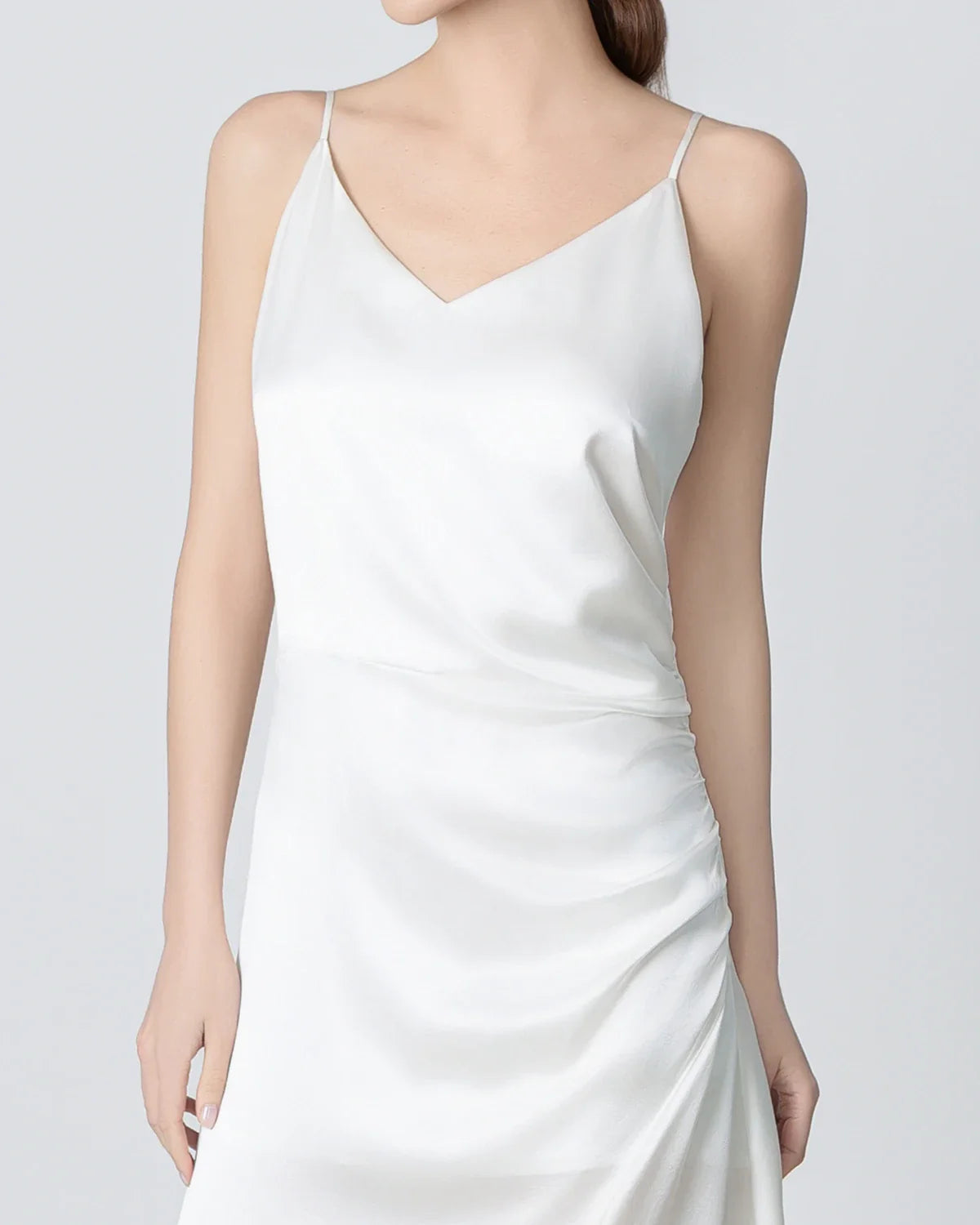 V-neck Pleated Slit Maxi Silk Dress