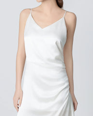 V-neck Pleated Slit Maxi Silk Dress