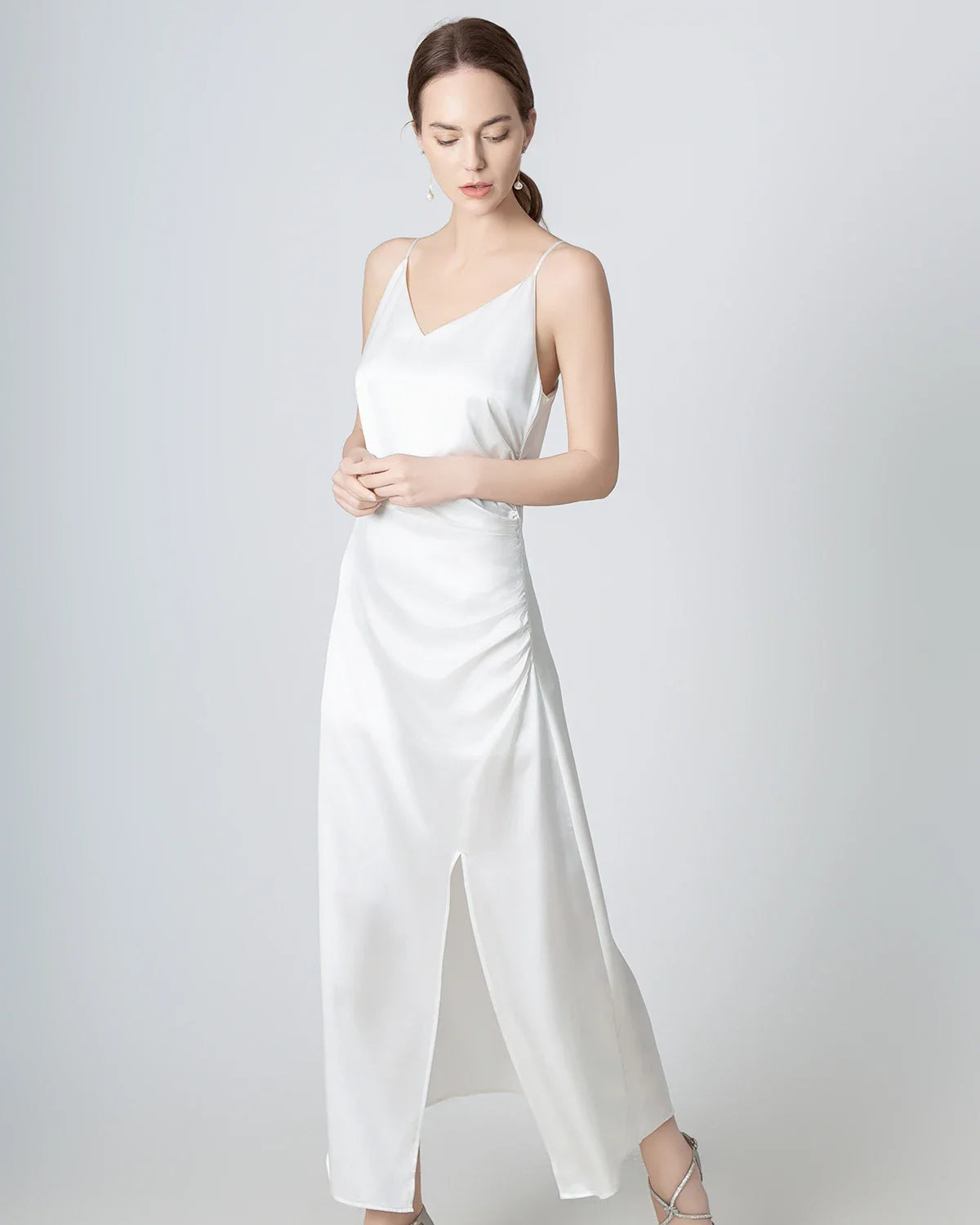 V-neck Pleated Slit Maxi Silk Dress