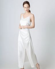V-neck Pleated Slit Maxi Silk Dress