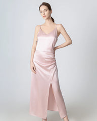 V-neck Pleated Slit Maxi Silk Dress