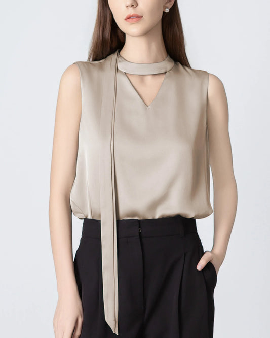 V-neck Tie Front Sleeveless Silk Blouse