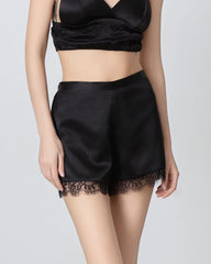 Women Black Silk Pajama Shorts with Lace Trim