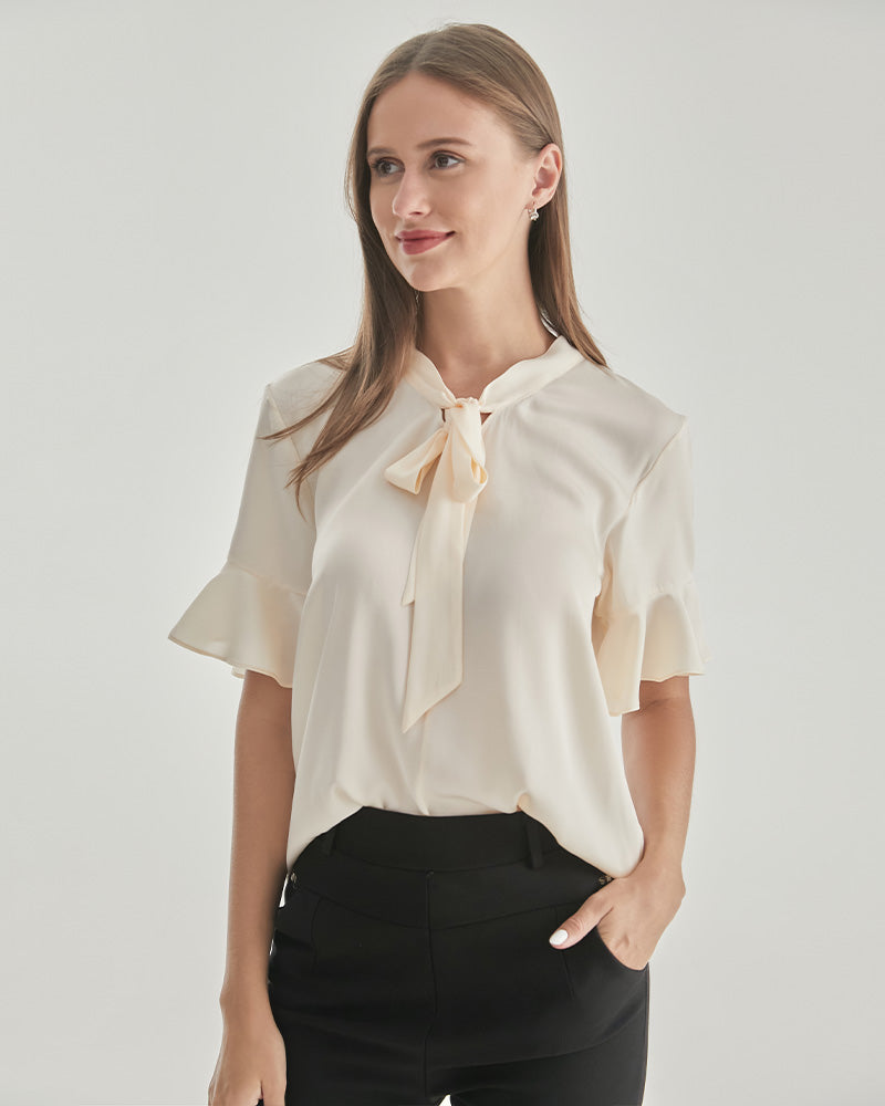 Ruffle Bow-tie Neck Silk Blouse