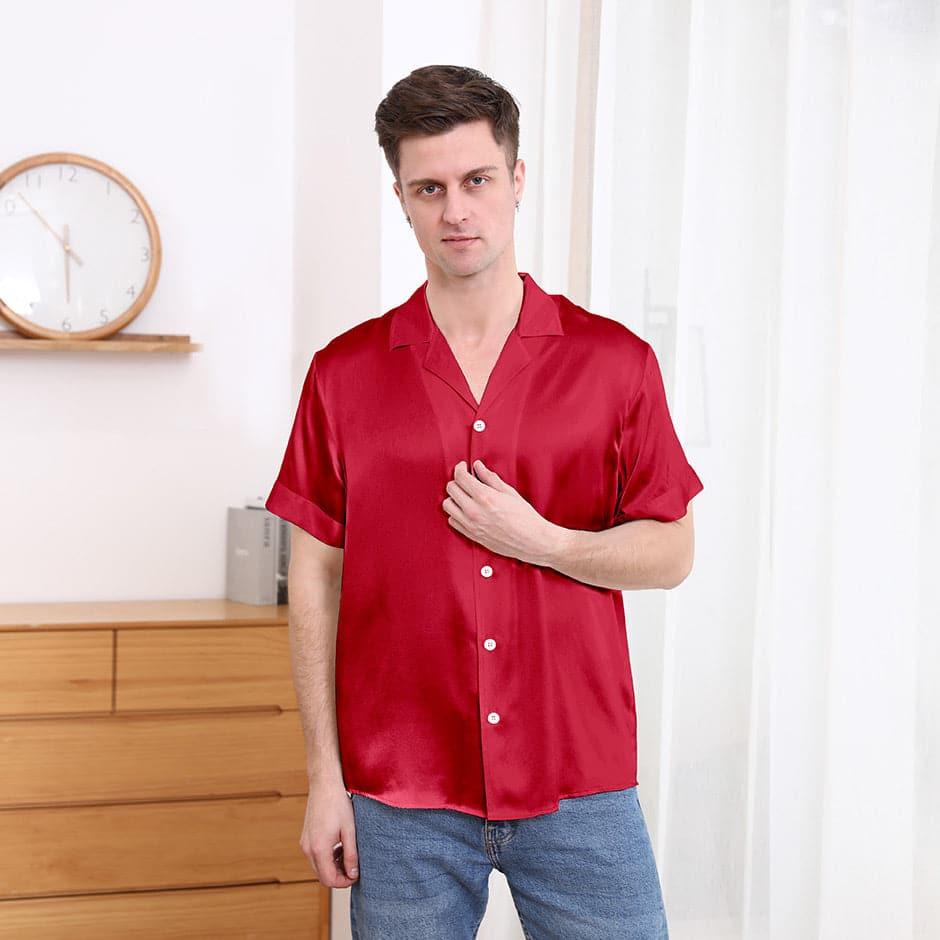 Gentle Lapel Collar Silk Short Shirt Blouse For Men
