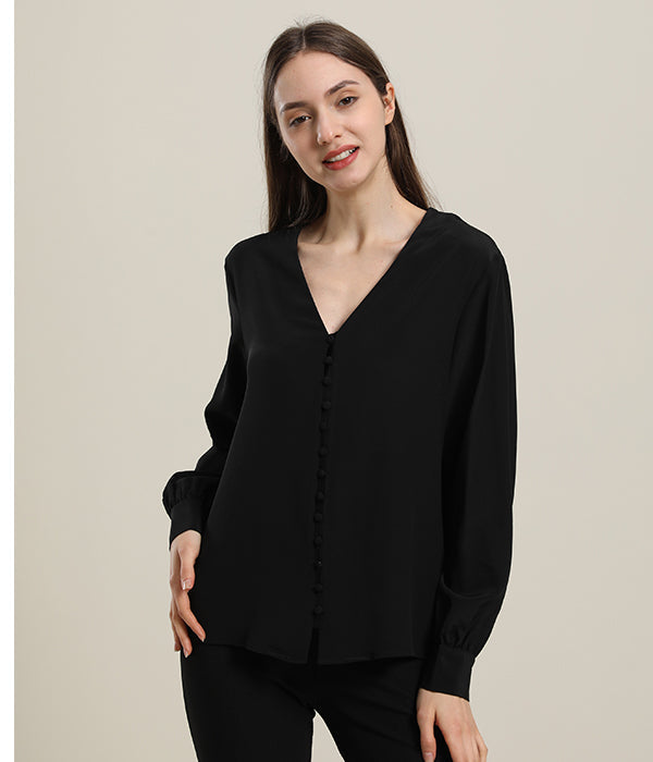 Deep V-Neck Long Sleeve Silk Blouse