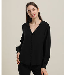 Deep V-Neck Long Sleeve Silk Blouse