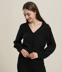 Deep V-Neck Long Sleeve Silk Blouse