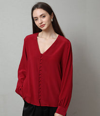 Deep V-Neck Long Sleeve Silk Blouse