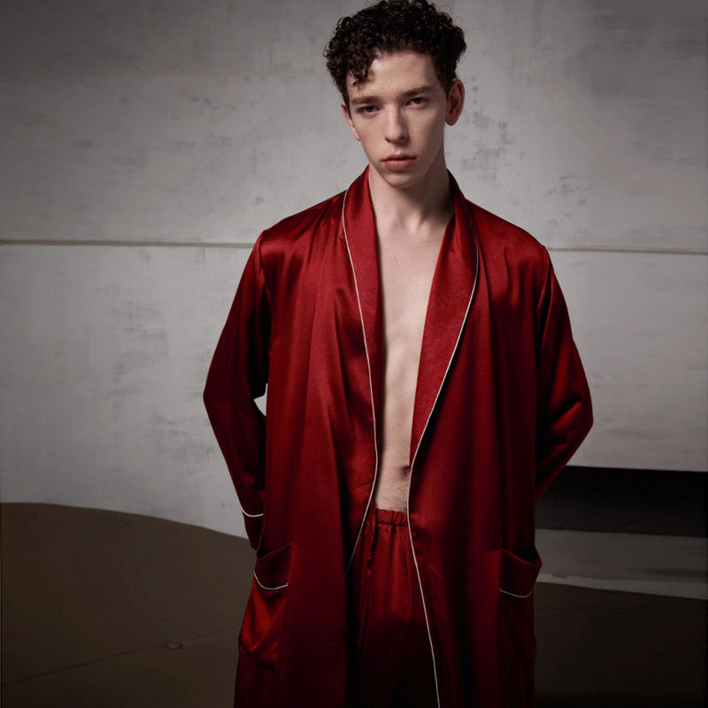 Pure Silk Contrast Piping Belted Robe And Pants Set