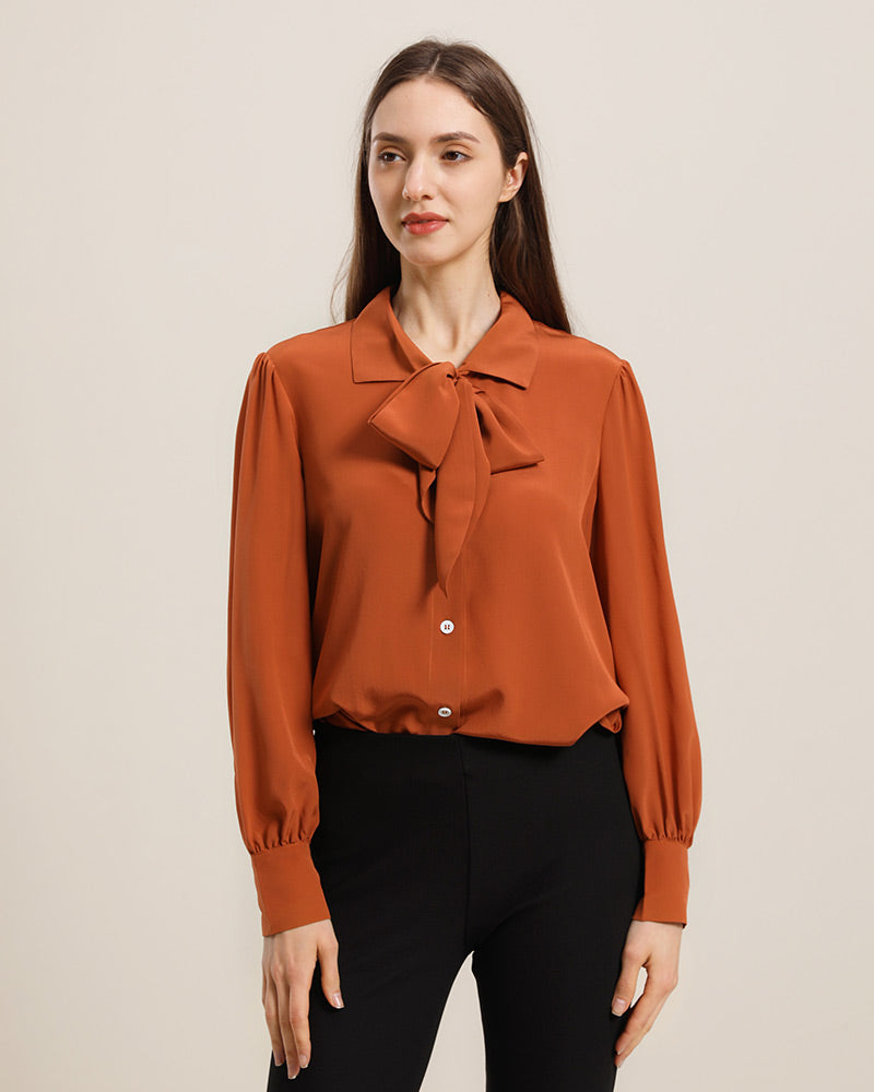 Collared Bow Tie Silk Blouse