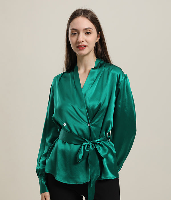 V-Neck Silk Blouse with Belt