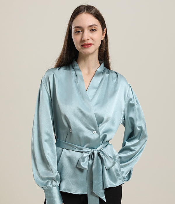 V-Neck Silk Blouse with Belt