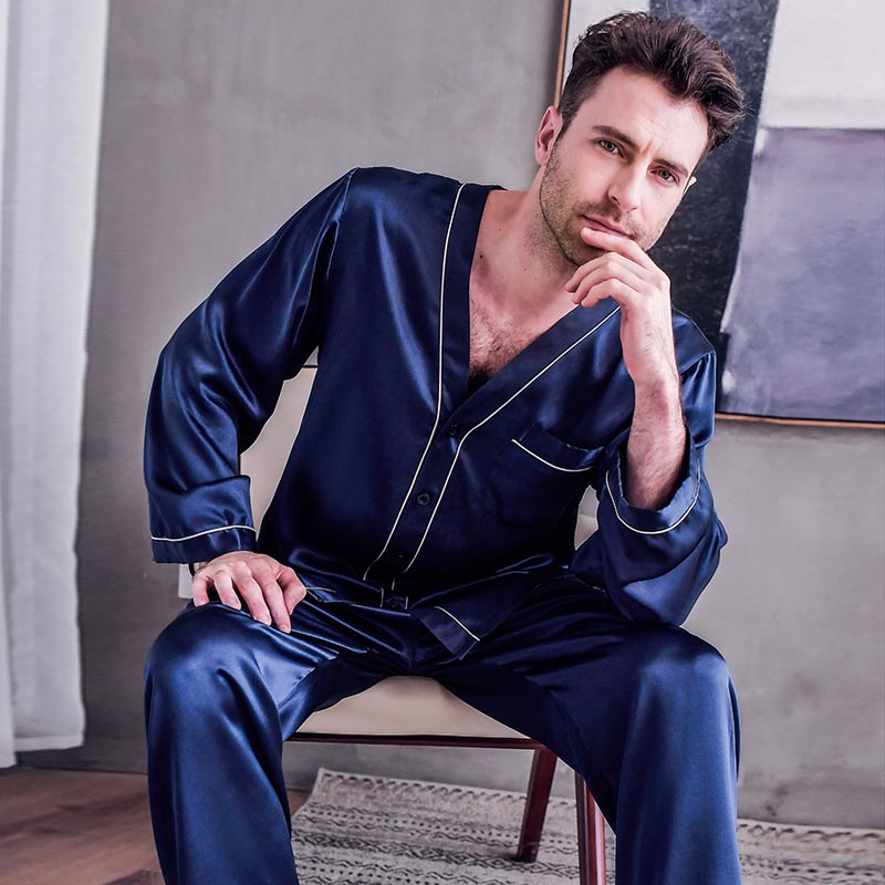 Pure Silk Men's V Neck Pajama Set