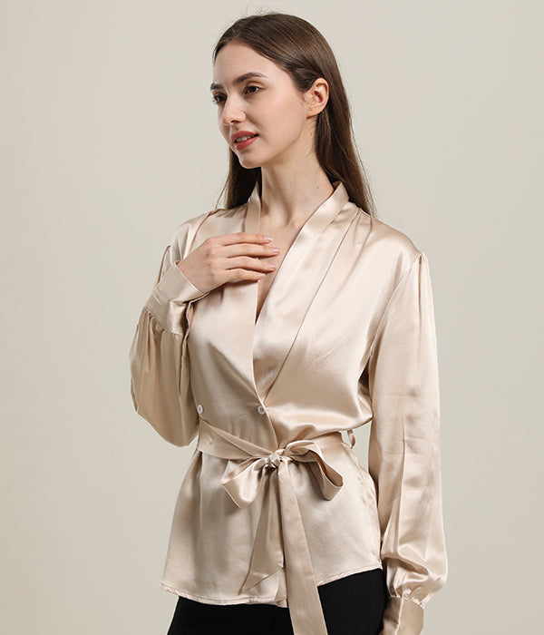 V-Neck Silk Blouse with Belt