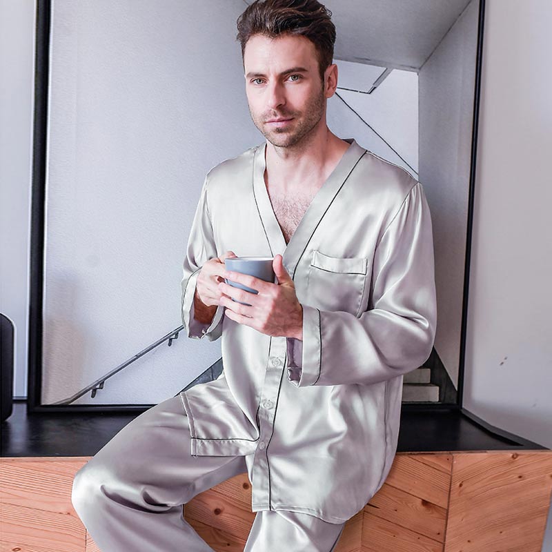 Pure Silk Men's V Neck Pajama Set
