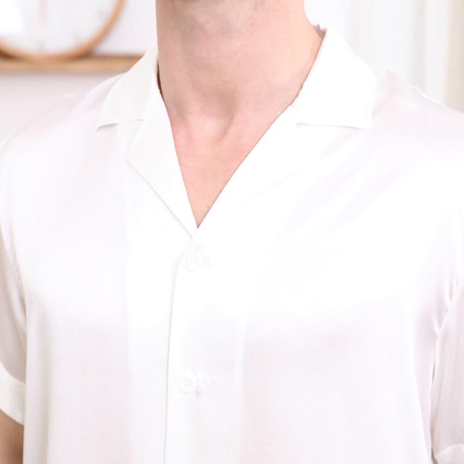 Gentle Lapel Collar Silk Short Shirt Blouse For Men