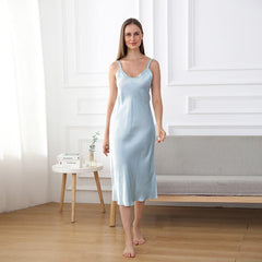 Relaxed Fit Long Silk Nightgown, Blue