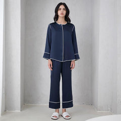 Women's Round Neck Silk Pajama Set, Navy