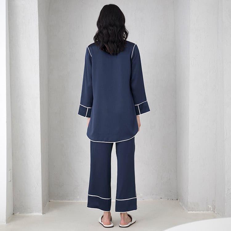 Women's Round Neck Silk Pajama Set, Navy
