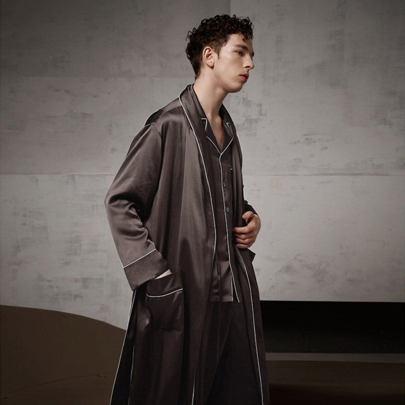 Pure Silk Contrast Piping Belted Robe And Pants Set