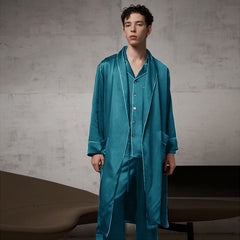 Pure Silk Contrast Piping Belted Robe And Pants Set