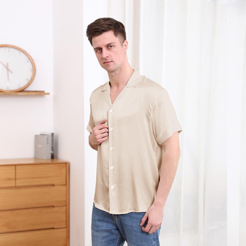 Gentle Lapel Collar Silk Short Shirt Blouse For Men